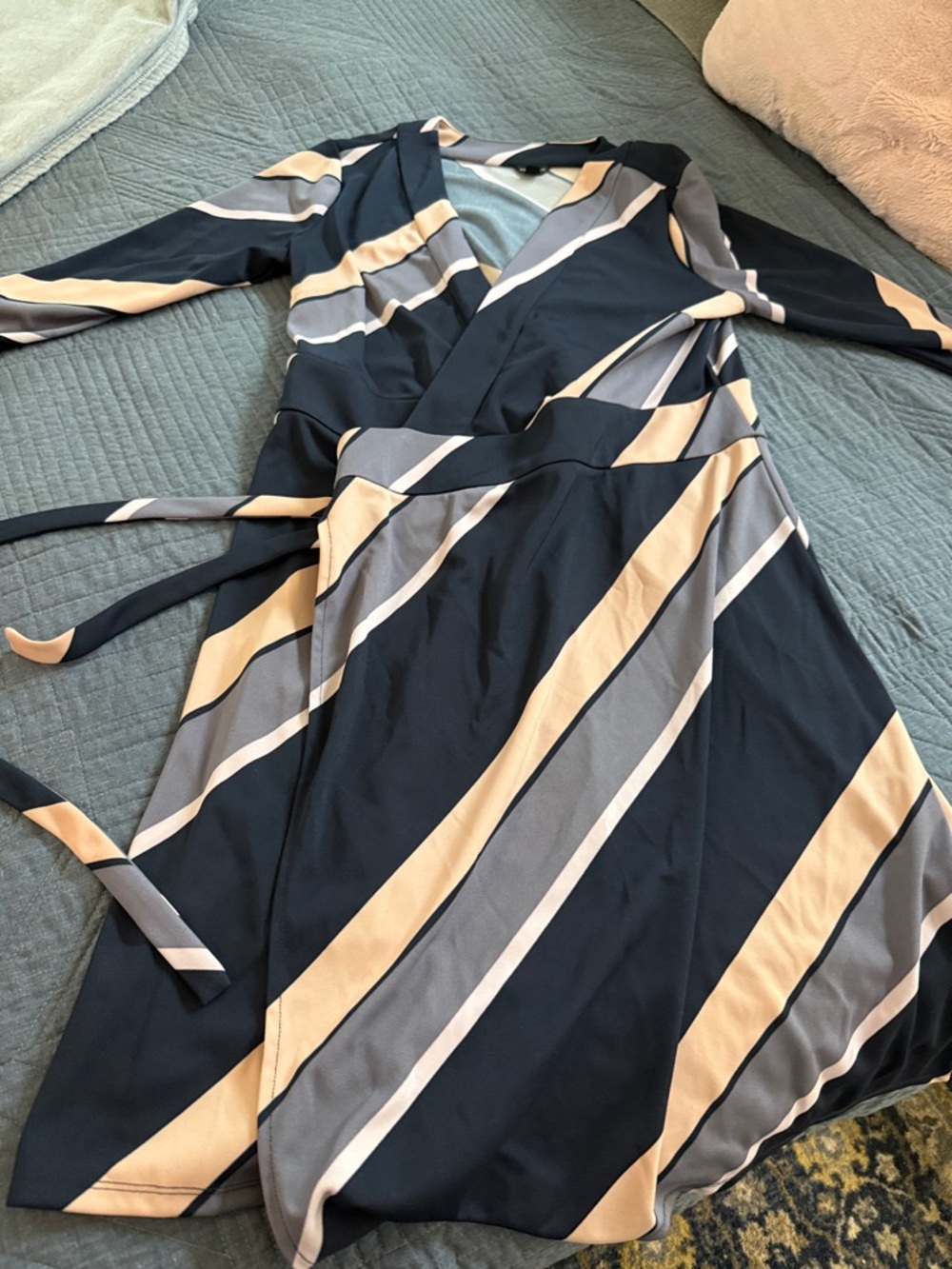 Ann Taylor Long Sleeve Diagonal Stripe Wrap Dress in Navy, Beige, and Gray